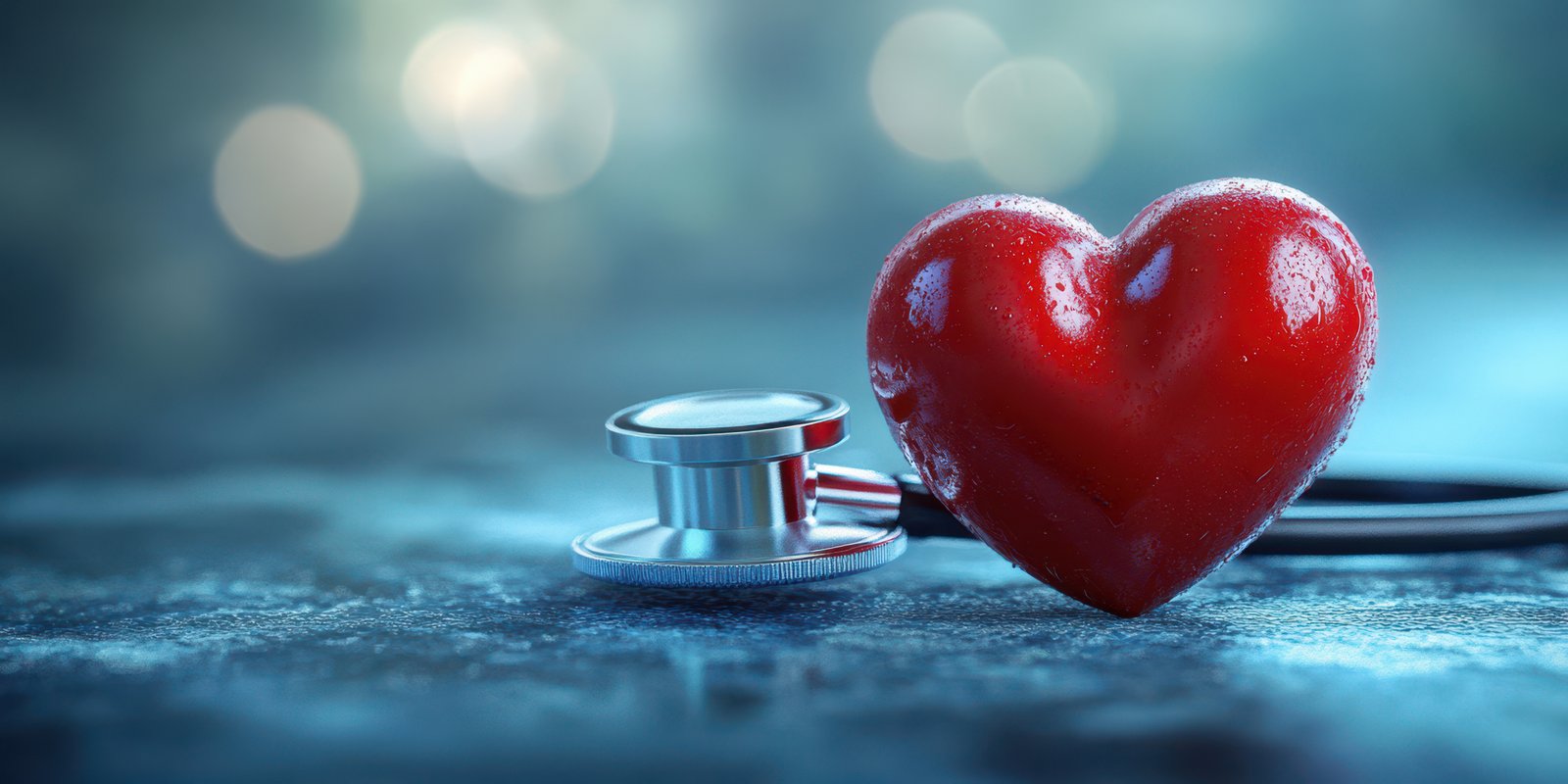 Heart-shaped symbol next to a stethoscope on a reflective surface with a blurred background